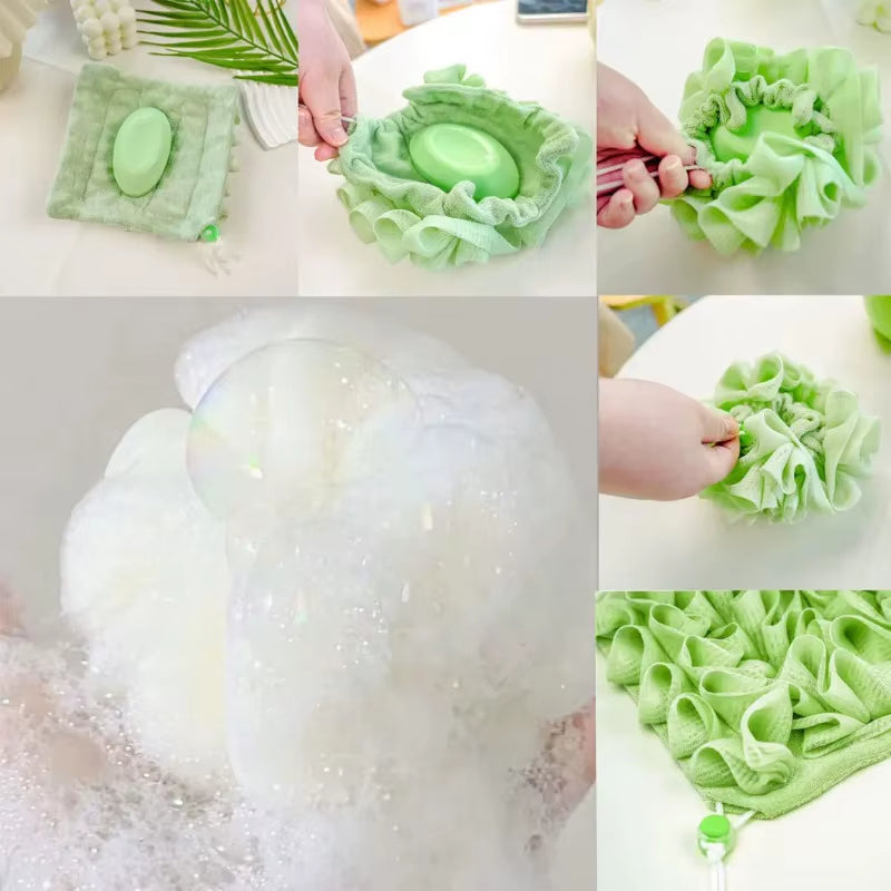 Soft Exfoliating 2-In-1 Bath Loofah - Bath Ball Towel + Drawstring Soap Closure, Reusable Mesh Shower Sponge for Skin Care