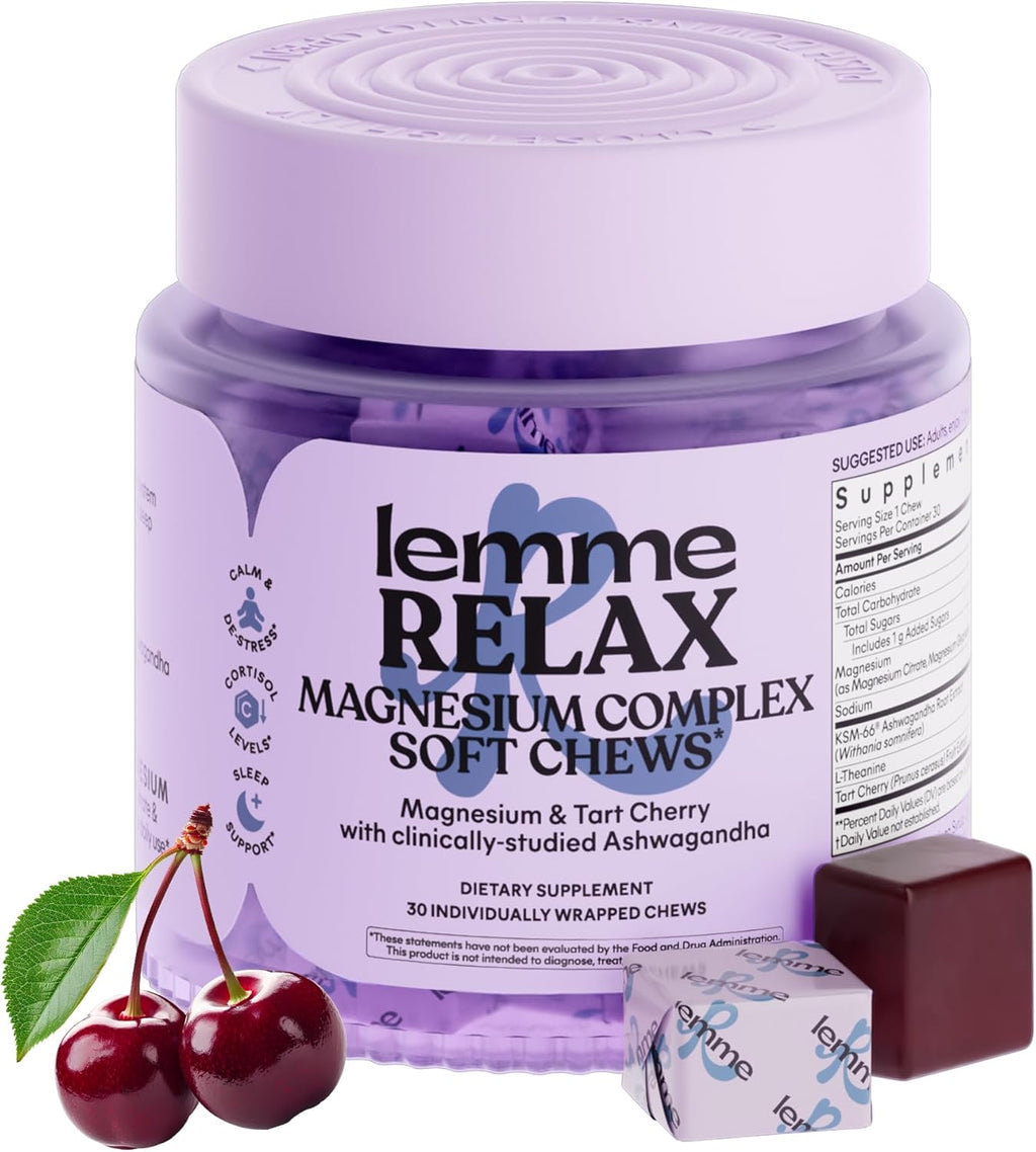 Relax Soft Chews with Magnesium Glycinate & Citrate, KSM-66 Ashwagandha + L-Theanine to Support Stress Relief, Cortisol Levels, Mood & Healthy Sleep Cycles, Blackberry Lemonade (30 Chews)