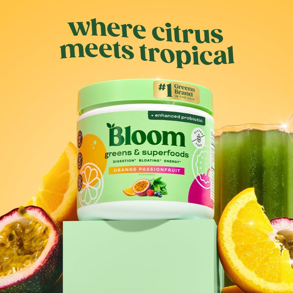 Bloom Nutrition Superfood Greens Powder, Digestive Enzymes with Probiotics and Prebiotics, Gut Health, Bloating Relief for Women, Chlorella, Juice Mix W/Beet Root Powder, 30 SVG, Orange Passionfruit