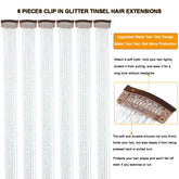 6Pcs Hair Tinsel Clip in 23.6Inch Glitter Synthetic Tinsel Hair Clip in Hair Tinsel Kit Heat Resistant Shiny Sparkle Fairy Hair