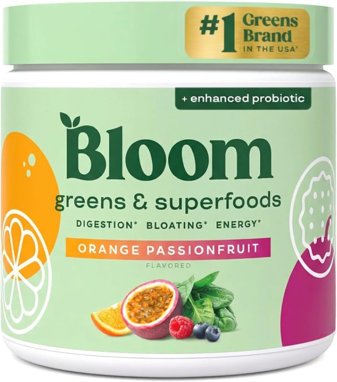 Bloom Nutrition Superfood Greens Powder, Digestive Enzymes with Probiotics and Prebiotics, Gut Health, Bloating Relief for Women, Chlorella, Juice Mix W/Beet Root Powder, 30 SVG, Orange Passionfruit
