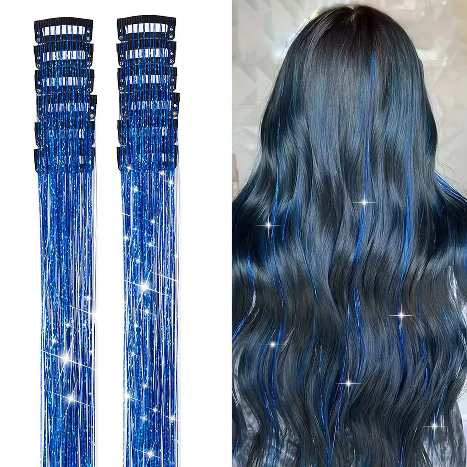 6Pcs Hair Tinsel Clip in 23.6Inch Glitter Synthetic Tinsel Hair Clip in Hair Tinsel Kit Heat Resistant Shiny Sparkle Fairy Hair