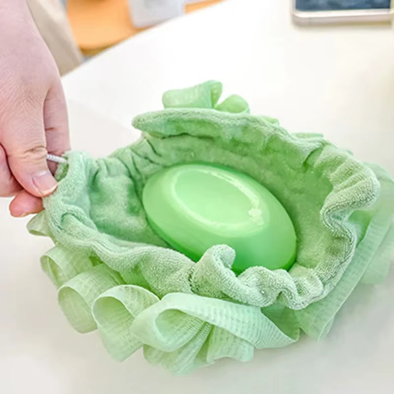 Soft Exfoliating 2-In-1 Bath Loofah - Bath Ball Towel + Drawstring Soap Closure, Reusable Mesh Shower Sponge for Skin Care
